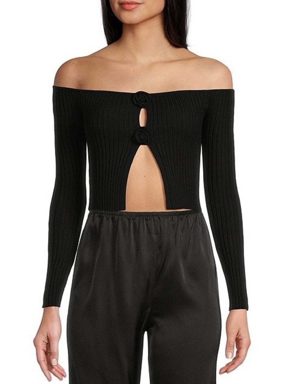 GB Rosette Off-The-Shoulder Ribbed Sweater Top NWT